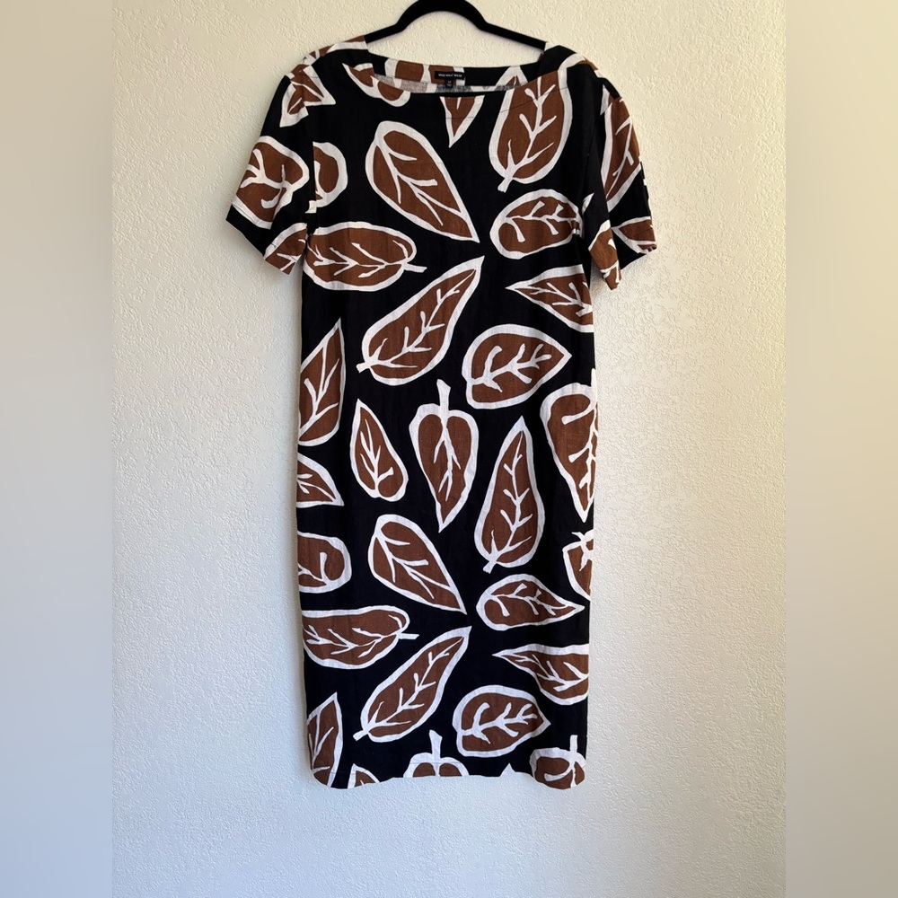 Who What Wear Black and Brown Leaf Print Linen Blend Midi Shift Dress M Modest